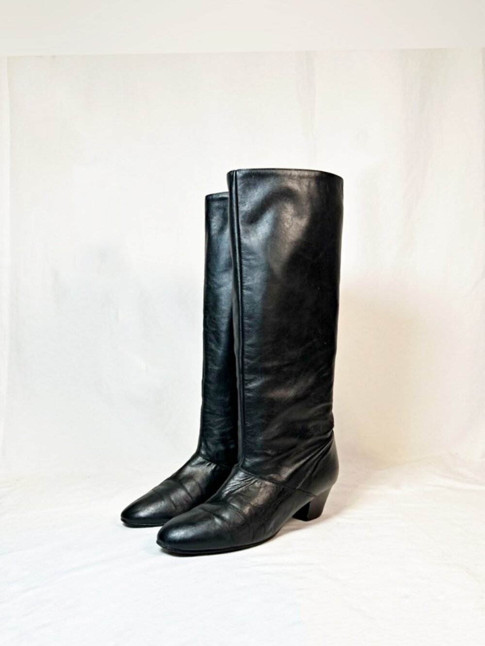 Vintage Retro 80s Black Leather Knee High Zip Riding Boots~7.5~